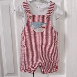 Joules Red and White Seersucker Overall Shorts with Shark Appliqué, 12-18 mos